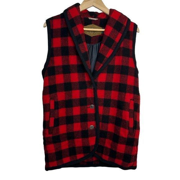 WOOLRICH Vintage Red Black Plaid Vest Size M - Picture 1 of 13